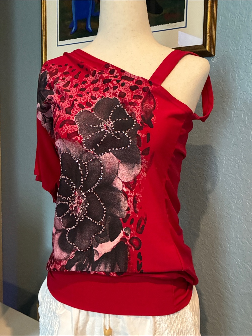 Red Floral One-Shoulder Women's Top